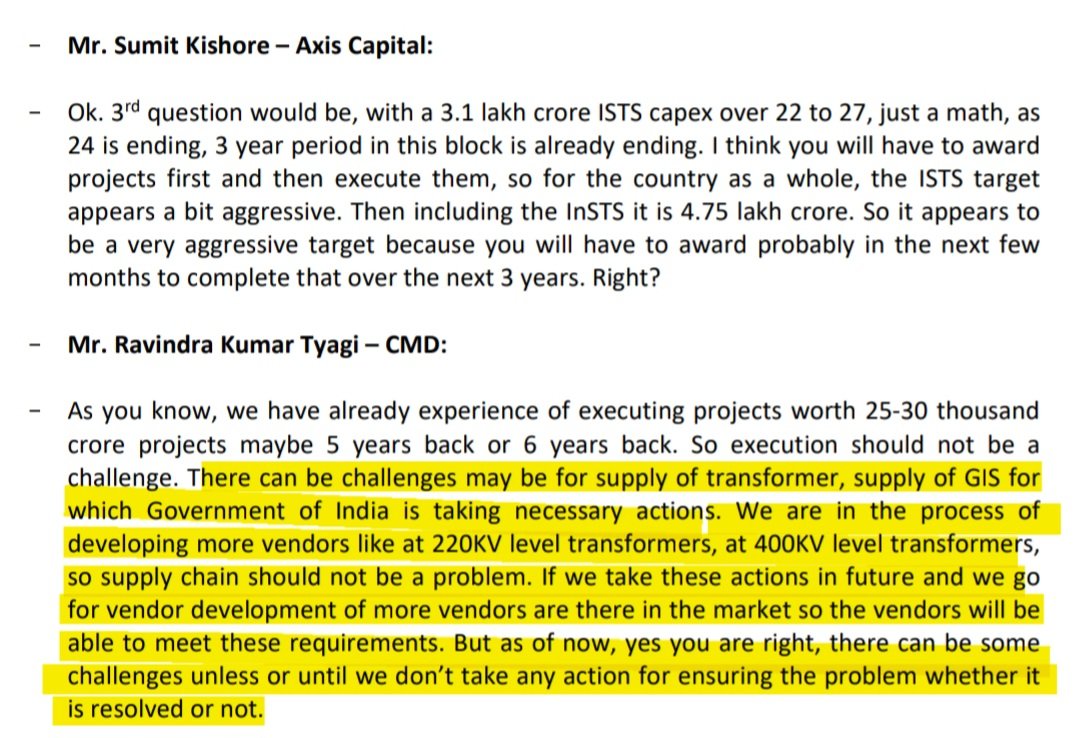 Why transformer demand is here to stay for a while?

Transmission Capex of 4.75 lakh Cr is not possible without good supply of transformers..

Even PowerGrid management acknowledge the shortage problem in concall