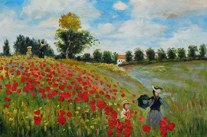 Flowers and nature were top of mind evoking peace and serenity in this revered work of Claude Monet. Two clear figures in the foreground lead the way to lush poppies bursting with bright color. The colorful trees line an epinviting path. At the Orsay.