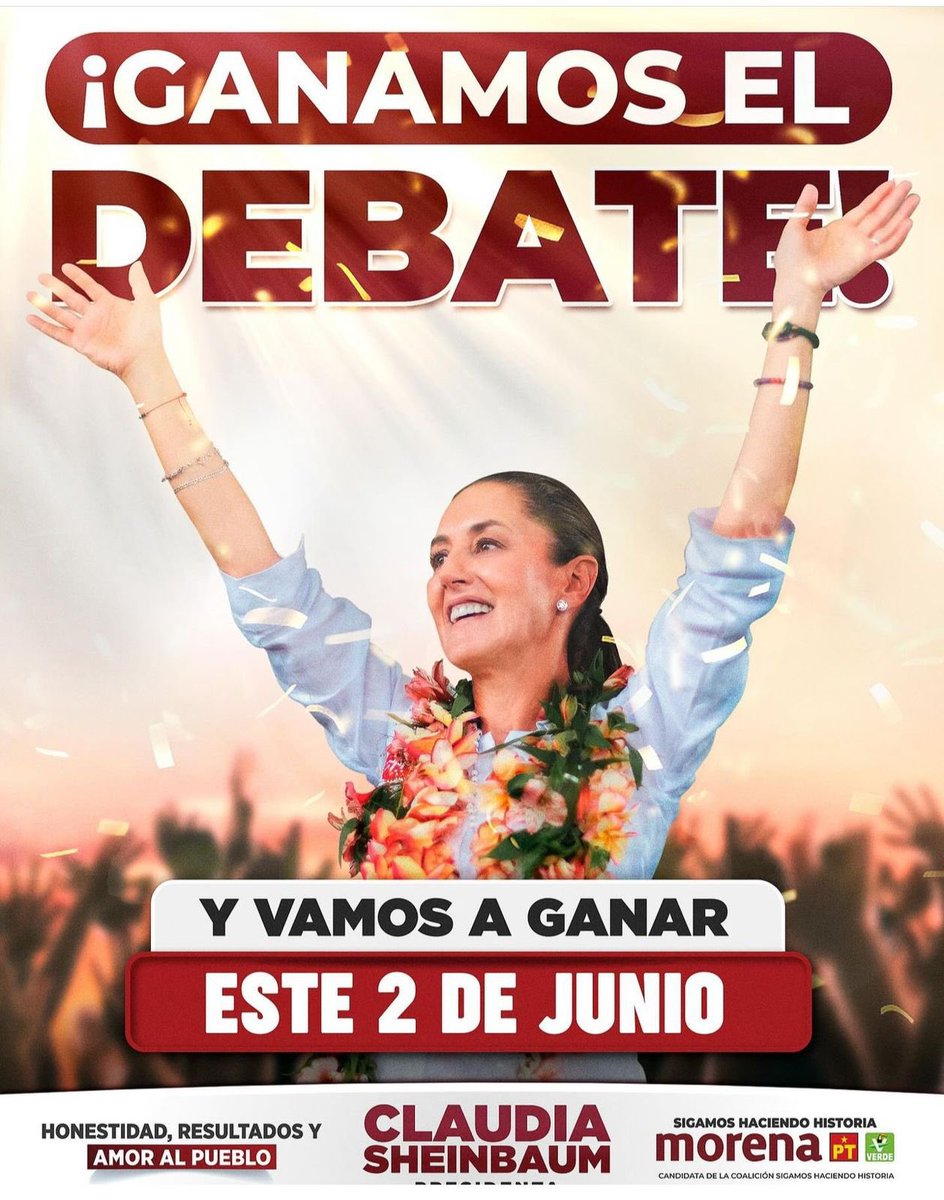 La victoria en el #debateine fue contundente por la Dra. @Claudiashein, como lo será este 02 de junio, en donde México decidirá por la primera mujer presidenta de #Mexico ¡Enhorabuena querida Doctora! #YoconClaudia #ClaudiaPresidentaDeMéxico