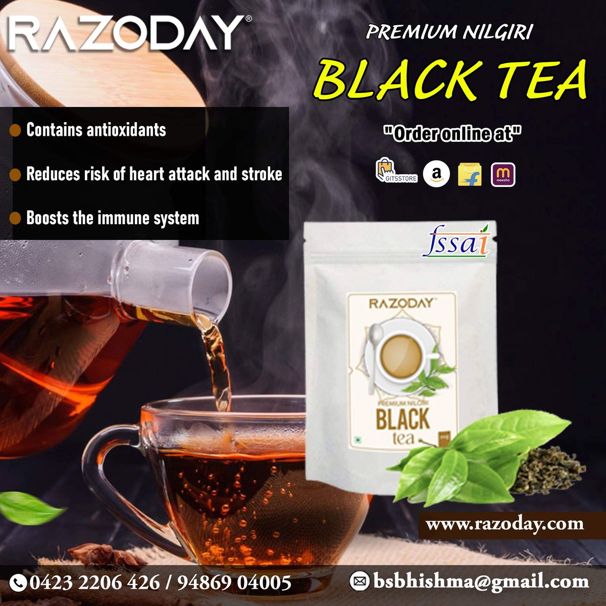 RAZODAY - PREMIUM NILGIRI BLACK TEA

- Contains antioxidants
- Reduces risk of heart attack and stroke
- Boosts the immune system

#RAZODAY #SriVinayagaEnterprises #blacktea  #premiumnilgiriblacktea #qualityingredients #unmatchedtaste #shoponlinenow #onlineshoping #shoponline