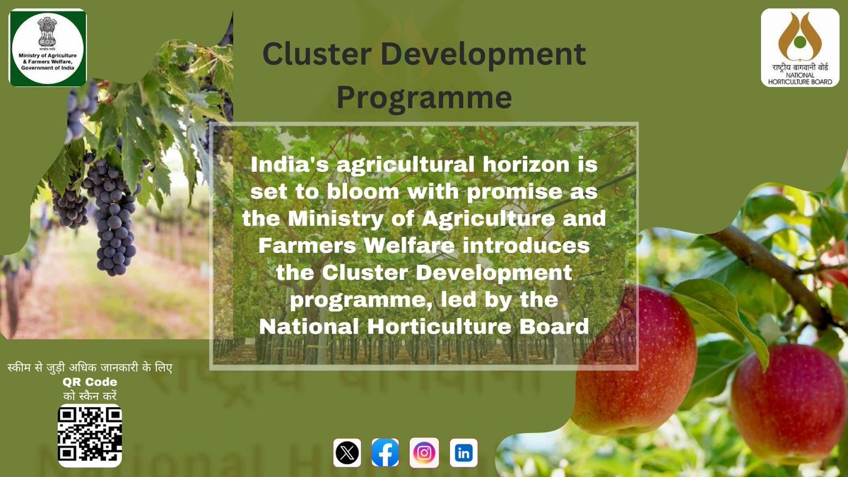 India's agricultural future looks bright! 🌾The Ministry of Agriculture and Farmers Welfare launches the Cluster Development Programme, spearheaded by the National Horticulture Board 🌱 #Agriculture #Horticulture #Farming #India #SustainableGrowth @Horti_GoI @AgriGoI