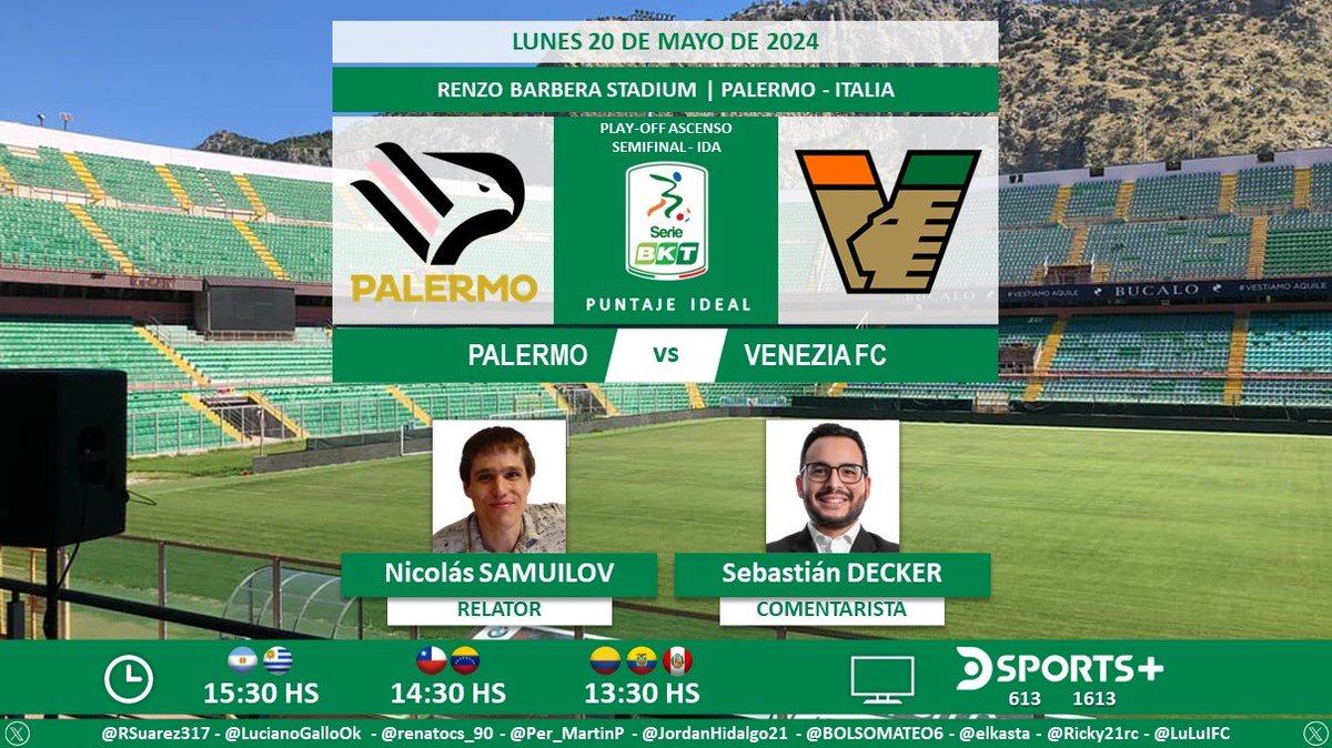 ⚽ #SerieB 🇮🇹 | #Palermo vs. #Venezia 🎙 Relator: @NicolasSamuilov 🎙 Comentarista: @SebasDecker 📺 @DSports + (613-1613) Sudamérica 💻📱 @DGO_Latam 🤳 #FutbolEnDSPORTS - #SerieBKT Dale RT 🔃