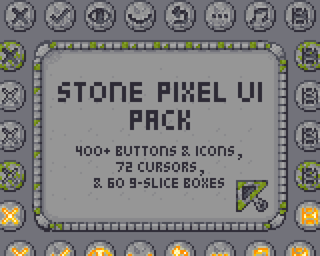 New asset pack up, Stone UI! Includes buttons, boxes and cursors. Now up on <a href="/itchio/">itch.io</a> ! #gamedev