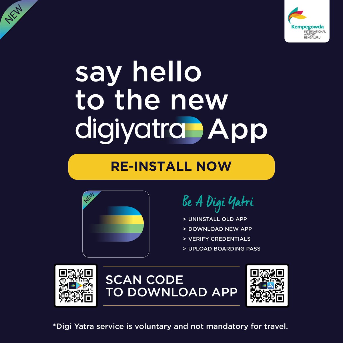 Download the new Digi Yatra App for a seamless and hassle-free airport journey. Become a Digi Yatri  and make a time saving travel choice.

#BLRAirport #DigiYatra #FamilyTravel #seamlessjourneys #hasslefreetravel #airportexperience #easytravel #delightfultravel #facialrecognition