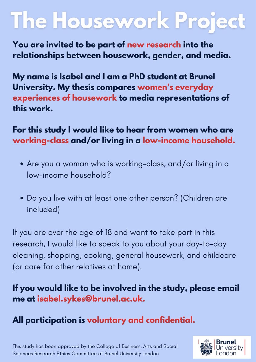 HouseworkProj's tweet image. I&apos;m looking to speak to women who are working-class and/or living in a low-income household for my PhD study. To get involved, please email isabel.sykes@brunel.ac.uk, contact me on 07535092224, or on social media. Thank you!