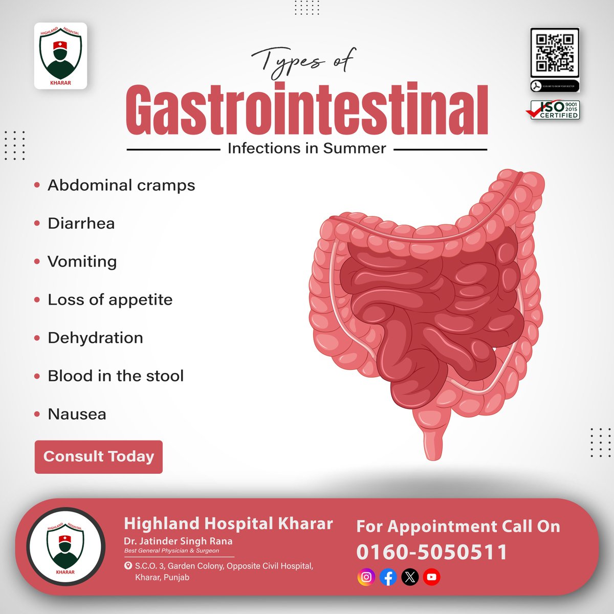 Summer's here, but so are #gastrointestinal #infections! Let's look into the types that are common during this season. Stay aware, stay #healthy with #HighlandHospitalKharar!
.
#gasto #gastronomy #acidity #Kharar #Mohali #DrJatinderSingh #Besthospital #HealthAwareness