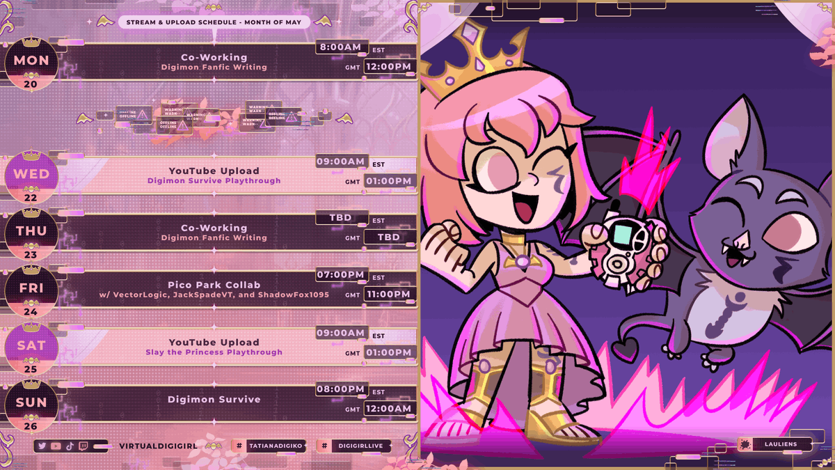 TatianaDigiko's tweet photo. ใStream/Upload Schedule & Tagsใ
May 20 - 26
GENERAL: #TatianaDigiko
LIVE: #DigikoLive
ART: #DigikoArt
WRITING: #DigikoWrites
GAMING: #DigikoPlays
FAN NAME: Cyber Citizens / Royal Guards
CLIPS: #DigikoShorts
MEMES: #DigikoMemes
ASMR: #DigikoASMR https://t.co/zsgwj9mjSP