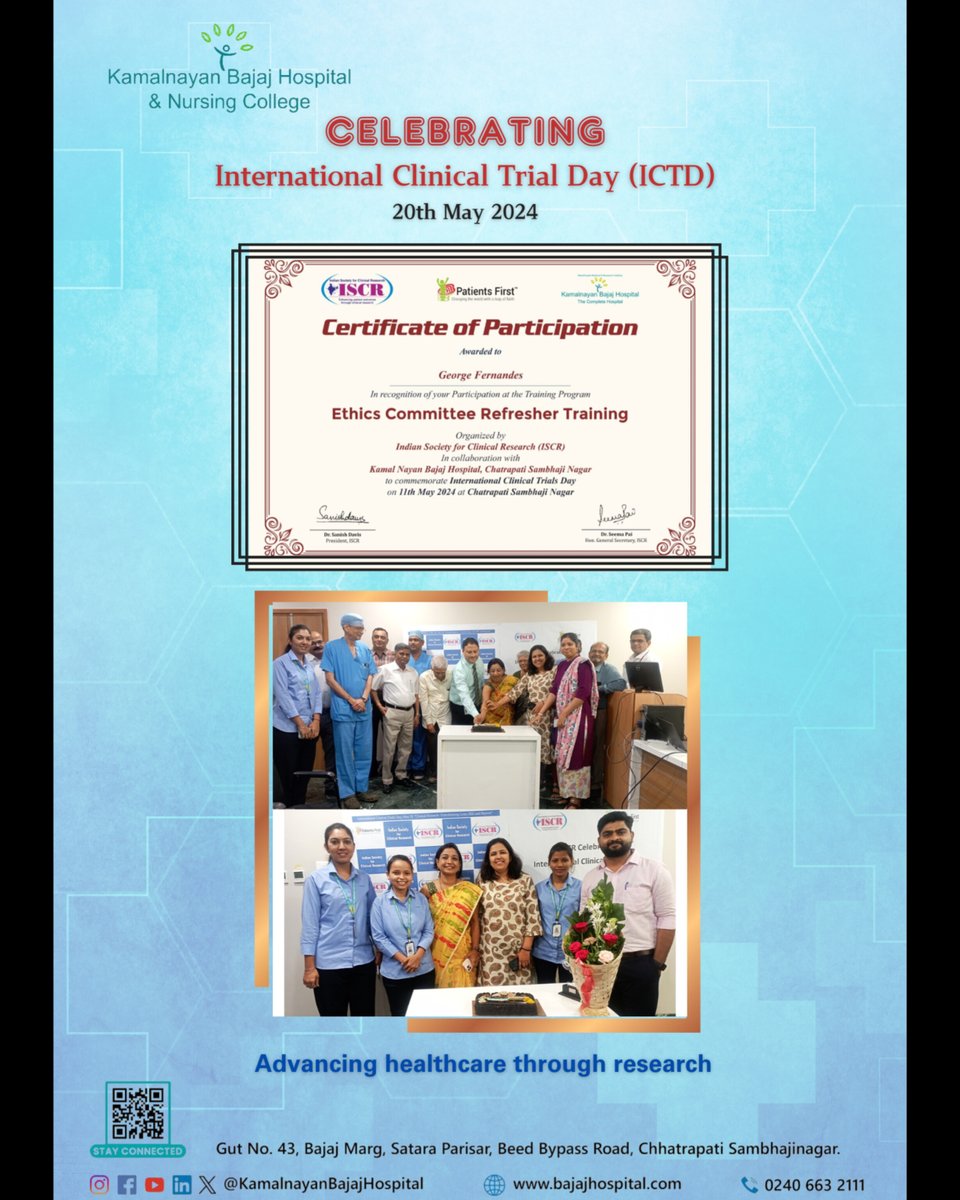 On occasion of International Clinical Trial Day (ICTD), 20 May, a workshop was conducted by Indian Society of Clinical Research (ISCR) trainer Dr.Durga Mane for Ethics Committee members & research staff. All participants received training certificate from ISCR & cake-cutting done