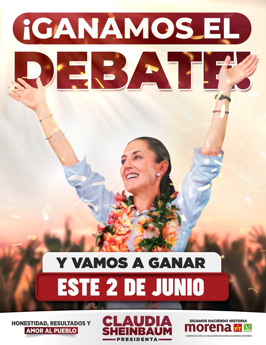 Claudiashein's tweet image. ¡Ganamos el tercer debate presidencial! Tenemos proyecto, convicción y amor por el pueblo de México. #ClaudiaPresidenta