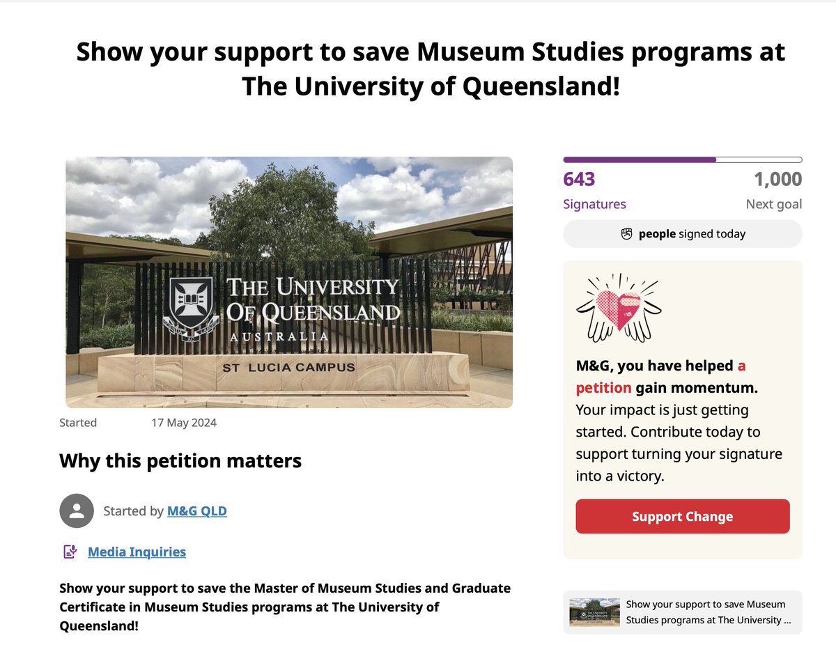 ❗️SIGN OUR PETITION TO SAVE UQ's MUSEUM STUDIES PROGRAMS

Please share this petition with your colleagues to help fight for tertiary education, for people wanting to pursue a career in Queensland's galleries, libraries, archives and museums.

chng.it/kyhPhFn9hs