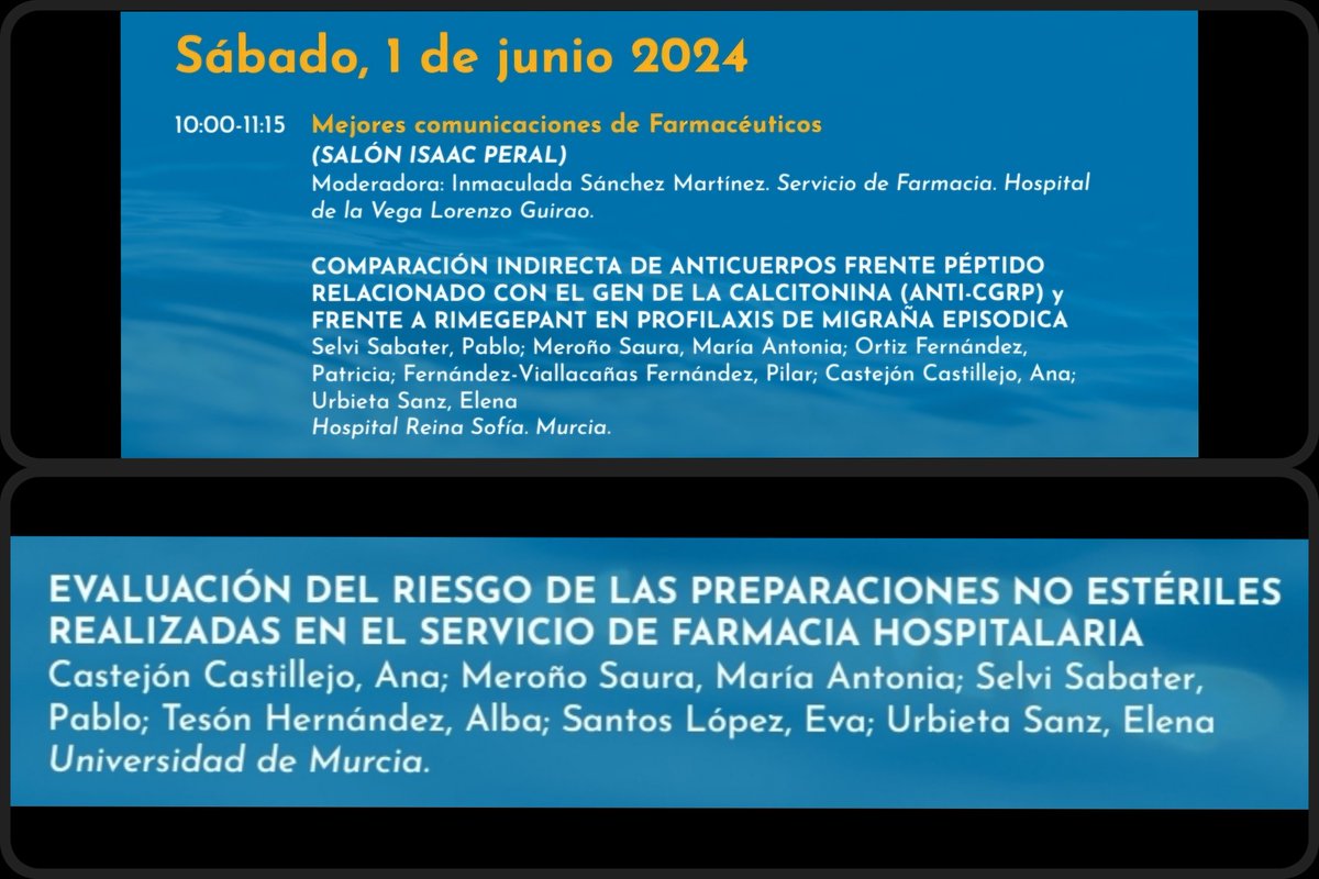 Pablo Selvi (@paselsab) on Twitter photo Toca preparar las 2 comunicaciones orales seleccionadas en el congreso <a href="/Somufarh/">SOMUFARH</a> #somufarh2024 !
Comparacion indirecta de rimegeoant vs Ac anti-CGRP
Y matriz de riesgo en formulación no esteril, de nuestra estudiante <a href="/anaxbb_/">anax ☽</a> de la <a href="/UMU/">Universidad Murcia</a> junto a <a href="/MeronoSaura/">Toñi Meroño Saura</a> 🥳
<a href="/ElenaUrbieta/">Elena Urbieta Sanz</a> Toca preparar las 2 comunicaciones orales seleccionadas en el congreso <a href="/Somufarh/">SOMUFARH</a> #somufarh2024 !
Comparacion indirecta de rimegeoant vs Ac anti-CGRP
Y matriz de riesgo en formulación no esteril, de nuestra estudiante <a href="/anaxbb_/">anax ☽</a> de la <a href="/UMU/">Universidad Murcia</a> junto a <a href="/MeronoSaura/">Toñi Meroño Saura</a> 🥳
<a href="/ElenaUrbieta/">Elena Urbieta Sanz</a>