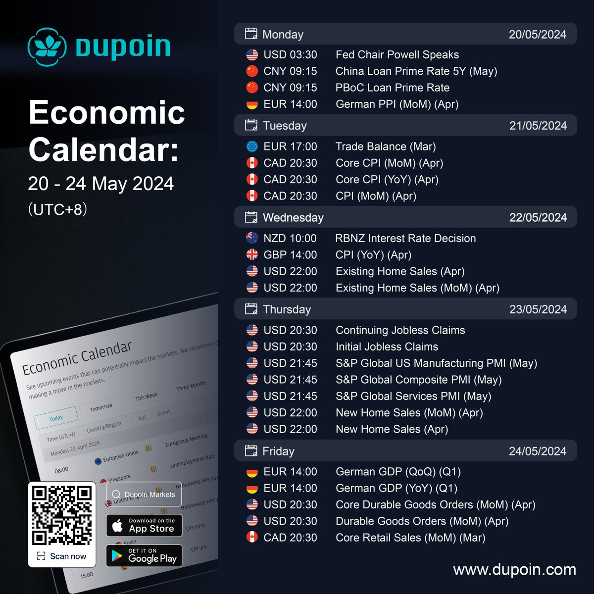 🗓️ Don't miss out on market movers! Stay alert for upcoming events📢  

Bookmark for quick reference and tap the link in bio for more. 🔗  
#Dupoin #EconomicCalendar #StayInformed #Trading