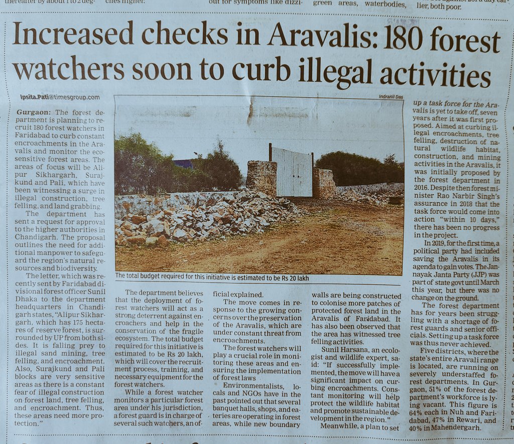 Checks to be ramped up, 180 forest watchers soon in #Aravalis to curb encroachment @SunilHarsana @SaveAravali @Jitender0805 @lifeindia2016 @pargaien Read the full story here shorturl.at/TEWTw