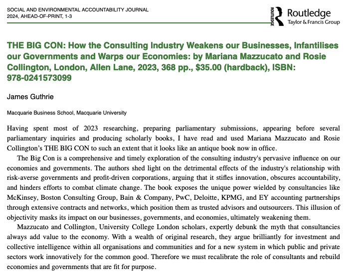 Social and Environmental Accountability Journal (@journal_seaj) on Twitter photo New Book Review in #SEAJ by James Guthrie (<a href="/Macquarie_Uni/">Macquarie University</a>) - THE BIG CON: How the Consulting Industry Weakens our Businesses, Infantilises our Governments and Warps our Economies by <a href="/MazzucatoM/">Mariana Mazzucato</a> & <a href="/RosieCollingto/">Rosie Collington</a>
<a href="/csearUK/">CSEAR UK</a>
tandfonline.com/doi/full/10.10… New Book Review in #SEAJ by James Guthrie (<a href="/Macquarie_Uni/">Macquarie University</a>) - THE BIG CON: How the Consulting Industry Weakens our Businesses, Infantilises our Governments and Warps our Economies by <a href="/MazzucatoM/">Mariana Mazzucato</a> & <a href="/RosieCollingto/">Rosie Collington</a>
<a href="/csearUK/">CSEAR UK</a>
tandfonline.com/doi/full/10.10…