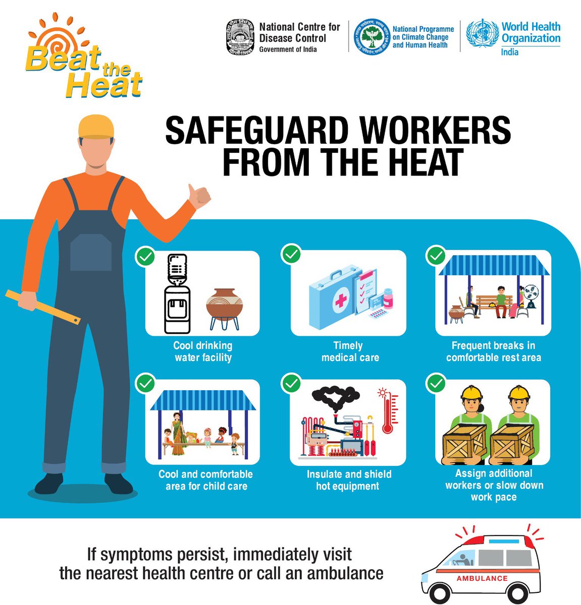 Safeguard outdoor works from extreme heat!

Provide clean, cold drinking water, shade, frequent breaks and first aid when needed to avoid heat exhaustion!
.
#BeatTheHeat