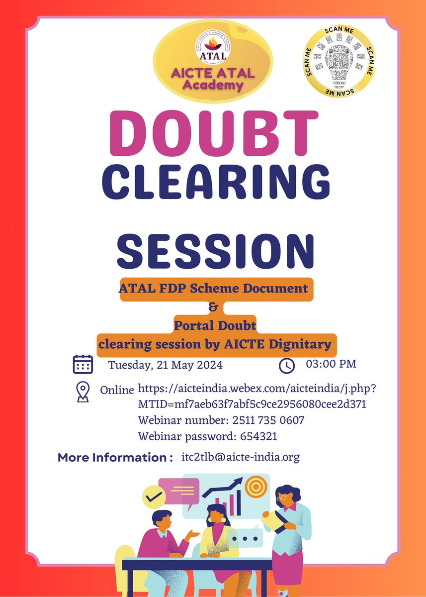 Join 'Doubt Clearing Session' organized by AICTE ATAL Academy to address queries and concerns related to ATAL Scheme Document and Portal. 📆May 21, 2024 🕒03:00 pm onwards 🔗Webinar link: surl.li/ttwuh @SITHARAMtg