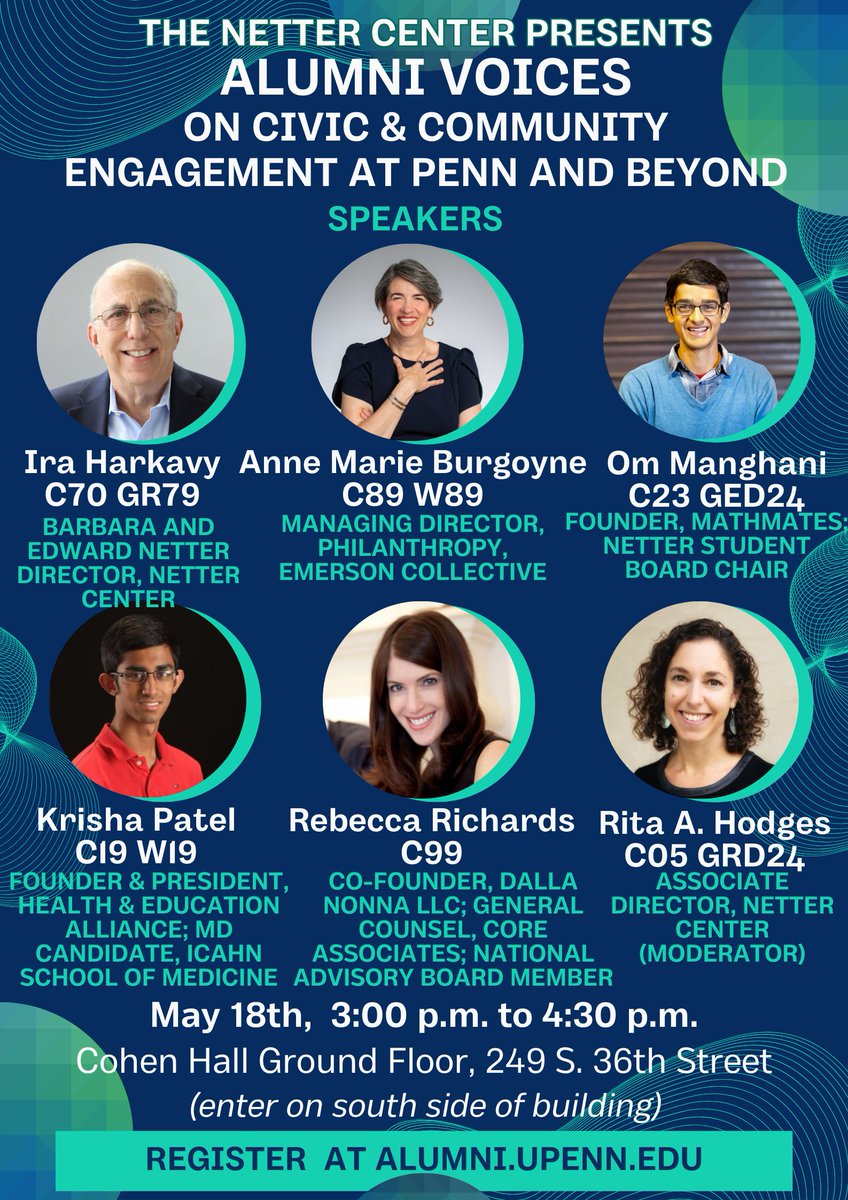 The Netter Center Presents: Alumni Voices on Civic &amp; Community Engagement at Penn and Beyond - Sat 5/18 3pm shar.es/agtfyw