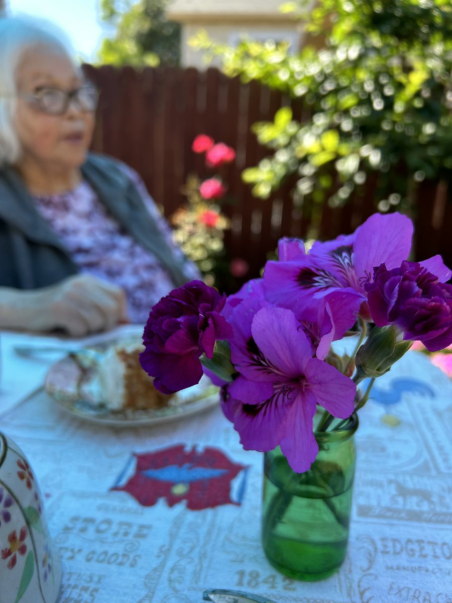 Sat and enjoyed the flowers and the birds and tea and cake with Mom 💜 She never wants much more. “I’m a country girl,” she says.