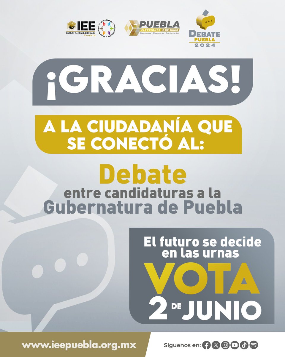 ¡Muchas gracias a la ciudadanía que siguió el #DebatePuebla2024! 👏 Poblanas, poblanos, recuerden que el próximo 2 de junio tenemos una cita en las urnas. ¡Tu voto hace la diferencia! #EleccionesPuebla2024 🗳️