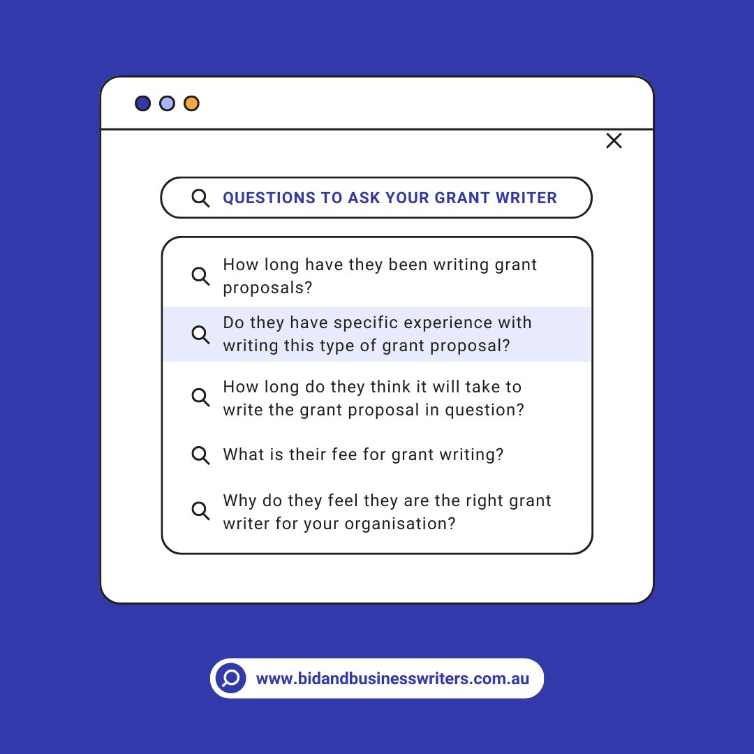 Wondering what questions to ask your grant writer? WE GOT YOU COVERED! 💡

Learn more by visiting our website at bidandbusinesswriters.com.au/resource-centre

#ancientwisdombusinesswriters #ancientwisdom #businesswriters #awbw #businesswriting #bid #tender #writing #writers #business #workwithus