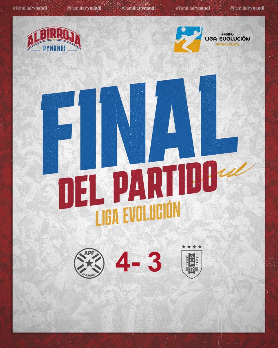 🗣️ ¡Final del partido! ✔️ Los Pynandi una vez más Ganadores de la CONMEBOL Liga Evolución Zona Sur 2024. ➡️ #Paraguay 4 ➡️ #Uruguay 3 📲 En vivo por 👉🏼 rb.gy/11l4p3 ¡𝐕𝐚𝐦𝐨𝐬 #FamiliaPynandi! 👣 #LigaEvoluciónFP ✔️ #APFFútbolPlaya 🇵🇾