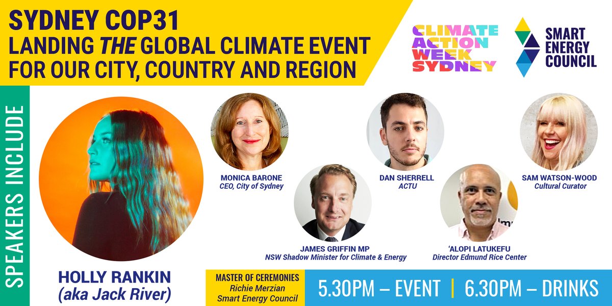 Climate Week Sydney #CawSyd has kicked off @SmartEnergyCncl will host the finale drinks asking if @cityofsydney can host the world's most largest climate mtg (the COP)? With @jackrivermusic @James_HGriffin @latukefu_erc Friday 5:30pm - register free events.humanitix.com/finale-event-a…
