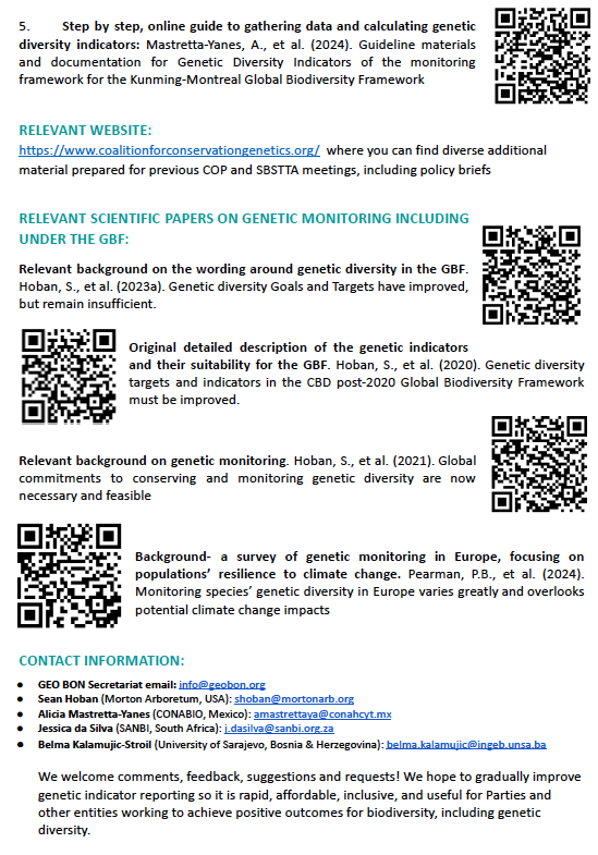 Want more information about #GeneticDiversity for the <a href="/UNBiodiversity/">UN Biodiversity</a> #SBSTTA26  talks? Check out the information packet below, full of handy resources!

Or follow this link to download the pdf: dropbox.com/scl/fi/a3uqpy8…

#KMGBF <a href="/GEOBON_org/">GEO BON</a> <a href="/gbike_cost/">G-BIKE_COSTAction</a> <a href="/SCBConGen/">SCB Cons Gen Working Group 🧬🌱🌍</a> <a href="/congenetics/">ConGenetics SSC</a>