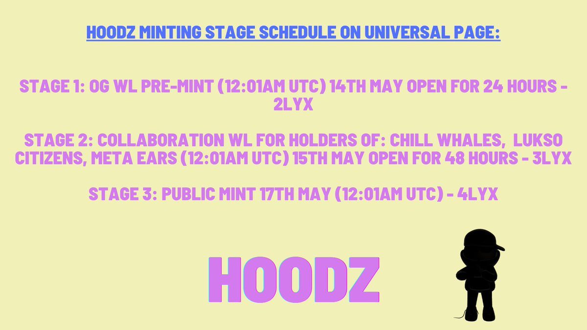 Our minting schedule for @_universalpage

Get ready to mint!!  

Shoutout to my homies at @chillwhales @thehub_dao @MetaEars 
😎🤜🤛
$LYX
@lukso_io
@luksoverse_io