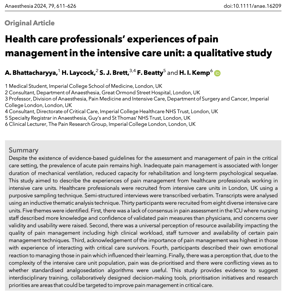 🔓Health care professionals' experiences of pain management in the intensive care unit: a qualitative study @hlaycock @DrHarrietKemp 🔗…-publications.onlinelibrary.wiley.com/doi/10.1111/an…