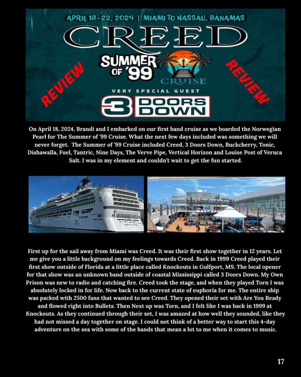 The Sound 228 Magazine May issue features a review of the Creed Summer of '99 Cruise! Author @speshlk31 does not spare a single detail of his first-time cruise experience to bear witness as @Creed performed live together after twelve long years. thesound228.com/magazine