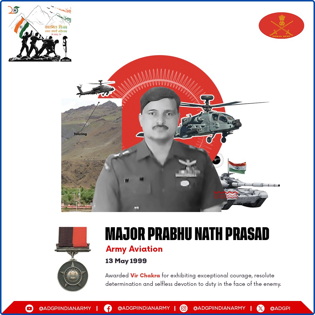 #25YearsofKargilVijay

Major Prabhu Nath Prasad
Army Aviation
13 May 1999

Major Prabhu Nath Prasad displayed exceptional courage, resolute determination & selfless devotion to duty in the face of the enemy during #OperationVijay. Awarded #VirChakra. 

Salute to the War Hero!