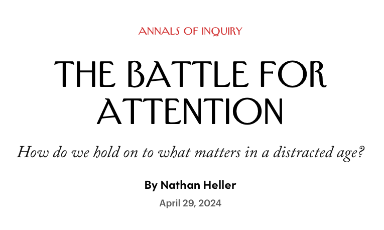 alarming stats from this New Yorker article - 3x ADHD diagnoses between 2010 - 2022 - mean length of pop songs declined by > 1 minute between 1990 - 2020 - people pay attention to one screen for an average of only 47 seconds - 'huge 10 year decline in reading, math, and science