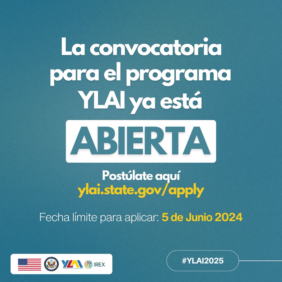 ¡La convocatoria para #YLAI2025 está abierta ya! Participa en una beca de emprendimiento de 4 semanas con un entrenamiento de liderazgo en #EEUU. +Información: https://owly/5BUj50RAZuK. ¡Envía tu solicitud antes del 5 de junio!