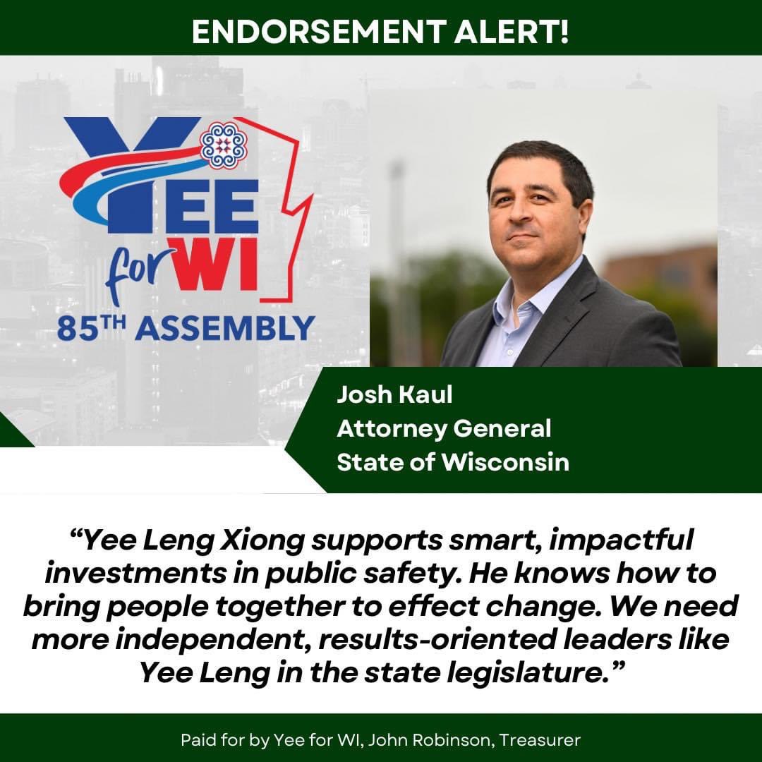 As a role model to numerous aspiring and current law enforcement professionals and an advocate for victims of domestic violence, sexual assault, and human trafficking, Attorney General Josh Kaul's early endorsement means a lot to me. Thank you!