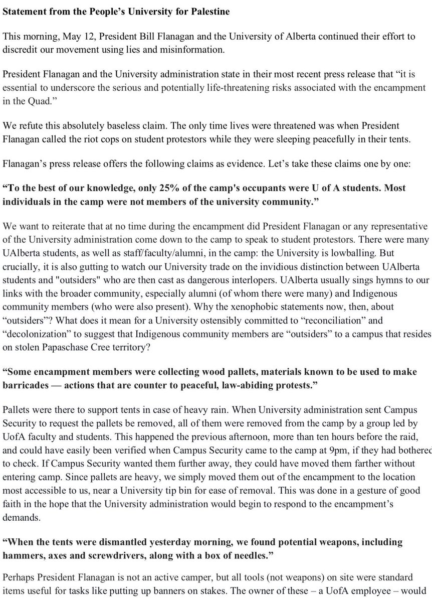 fatimasal82's tweet photo. STATEMENT FROM THE PEOPLE’S UNIVERSITY FOR PALESTINE IN RESPONSE TO BILL FLANAGAN AND THE UNIVERSITY OF ALBERTA'S LIES (university4palestine.yeg on IG)
@UAlberta @BFlanaganUofA 
#StudentIntifada
#YEG https://t.co/CJmszlTjVU