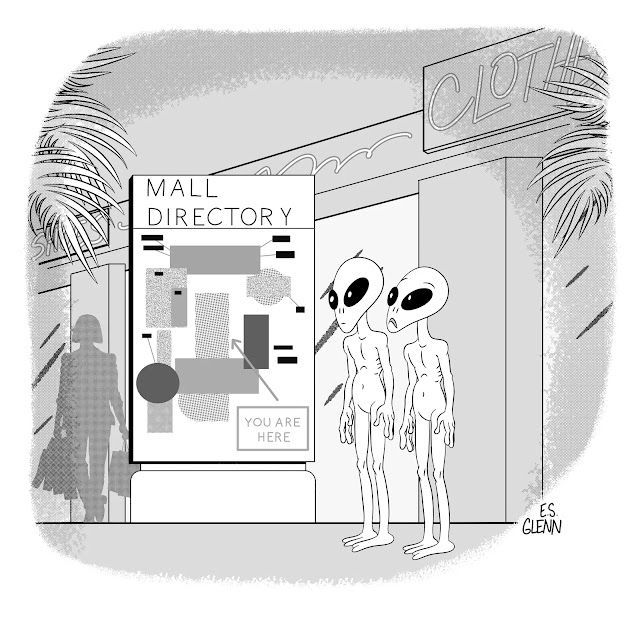 Caption Contest Cartoon by E. S. Glenn My Entry in The New Yorker Cartoon Caption Contest #895 attemptedbloggery.blogspot.com/2024/05/my-ent… #ESGlenn #Aliens #Mall #TheNewYorker #Cartoon #CaptionContest