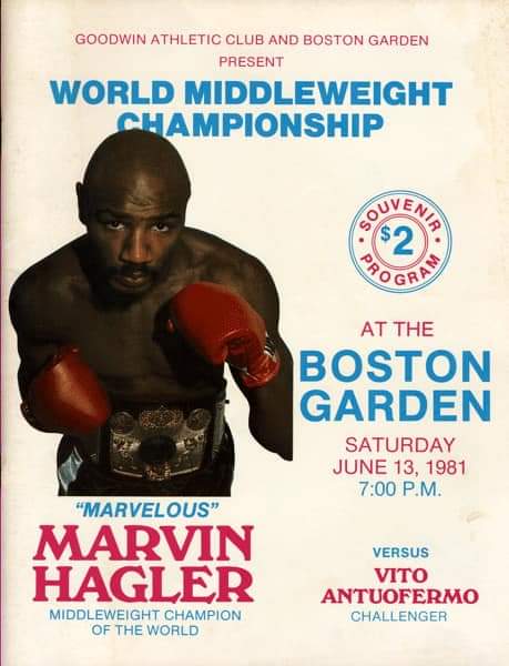 Thanks to Tom O'Brien for this one! A souvenir program cover image from a fight between middleweight champion “Marvelous” Marvin Hagler from Brockton vs Vito Antuofermo at the Boston Garden- 1981