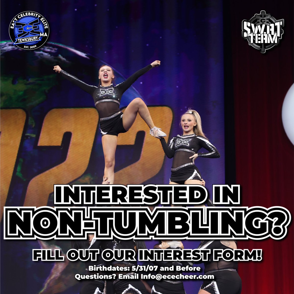 Interested in 𝙉𝙊𝙉-𝙏𝙐𝙈𝘽𝙇𝙄𝙉𝙂? We’ve had so many inquiries for this team in Tewksbury, and hope to offer it in 2025! 💙
Fill out our 𝙄𝙉𝙏𝙀𝙍𝙀𝙎𝙏 𝙁𝙊𝙍𝙈 below! 👇
forms.gle/h5ubnAJSgVy7WG…

Birthdates: 5/31/07 &amp; Before
❓ 𝙌𝙐𝙀𝙎𝙏𝙄𝙊𝙉𝙎 👉 Info@ececheer.com