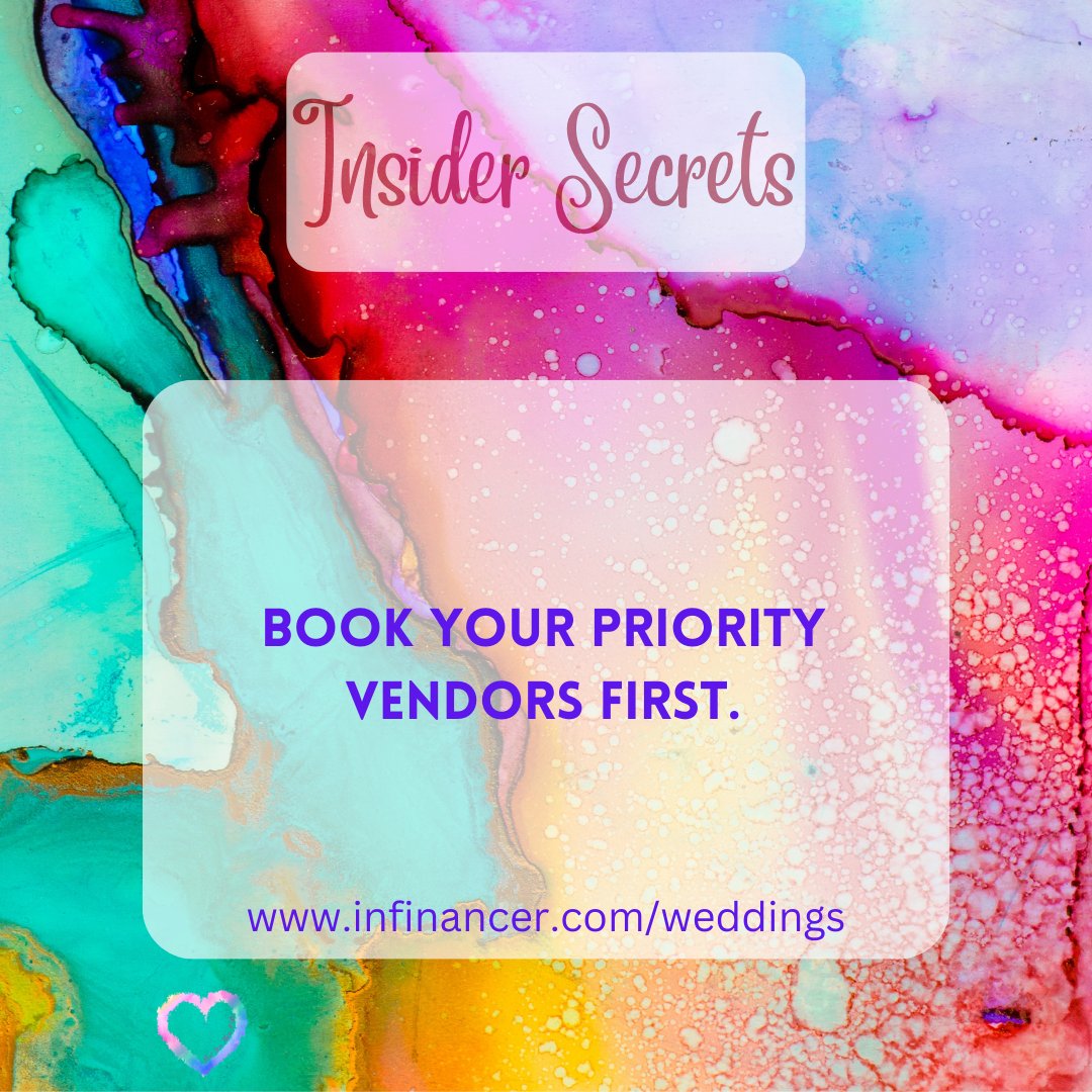 Book your priority vendors first. You will want to jump on the top must-have vendors from a list you make of all wedding vendors in order of priority. If pictures are the most important vendor, find one & book. If your cake baker is last on the list, wait. #weddingtips #weddings