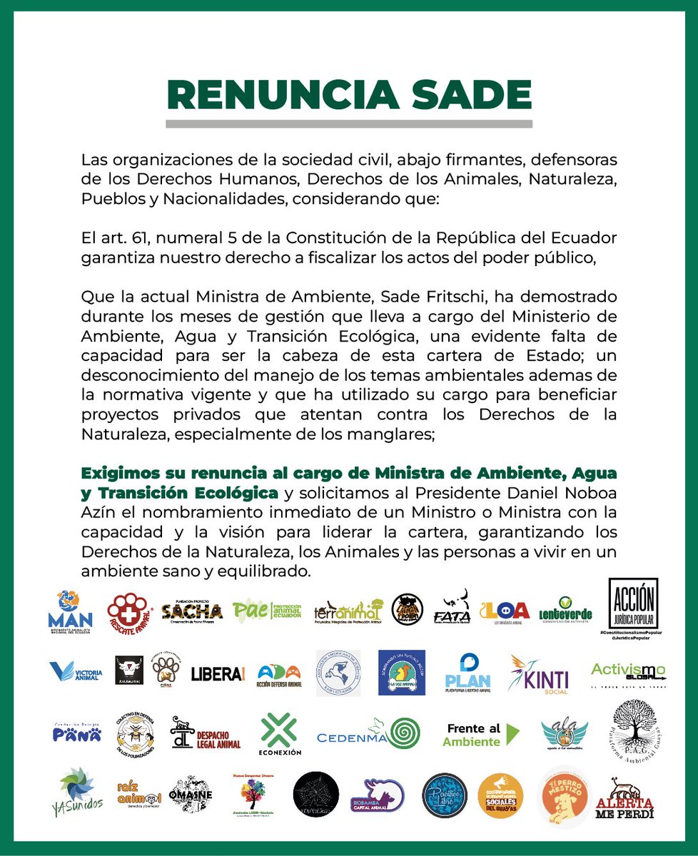 La Revolución Animal (@rescateanimalec) on Twitter photo Las organizaciones animalistas,ambientalistas y defensoras de DDHH y Naturaleza,que adhieren a este comunicado,exigimos la renuncia de <a href="/SadeFritschiEc/">Sade Fritschi</a> a <a href="/Ambiente_Ec/">Min. de Ambiente, Agua y Transición Ecológica</a> y el nombramiento de Ministro/a que garantice el respeto a los Derechos de la Naturaleza y Animales.
#RenunciaSade Las organizaciones animalistas,ambientalistas y defensoras de DDHH y Naturaleza,que adhieren a este comunicado,exigimos la renuncia de <a href="/SadeFritschiEc/">Sade Fritschi</a> a <a href="/Ambiente_Ec/">Min. de Ambiente, Agua y Transición Ecológica</a> y el nombramiento de Ministro/a que garantice el respeto a los Derechos de la Naturaleza y Animales.
#RenunciaSade