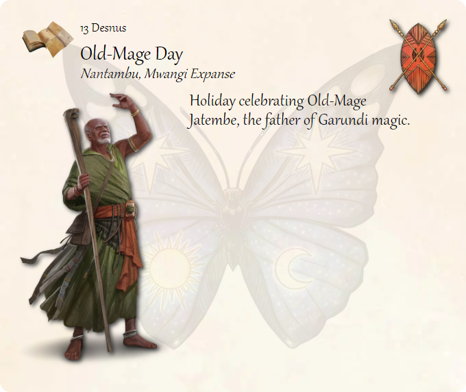GolarionToday's tweet photo. 13 Desnus: Old-Mage Day
#Nantambu #Mwangi #Jatembe #OldMageDay
https://t.co/EGRER8frof
Holiday celebrating Old-Mage Jatembe, the father of Garundi magic. https://t.co/CrKaVSjvuC