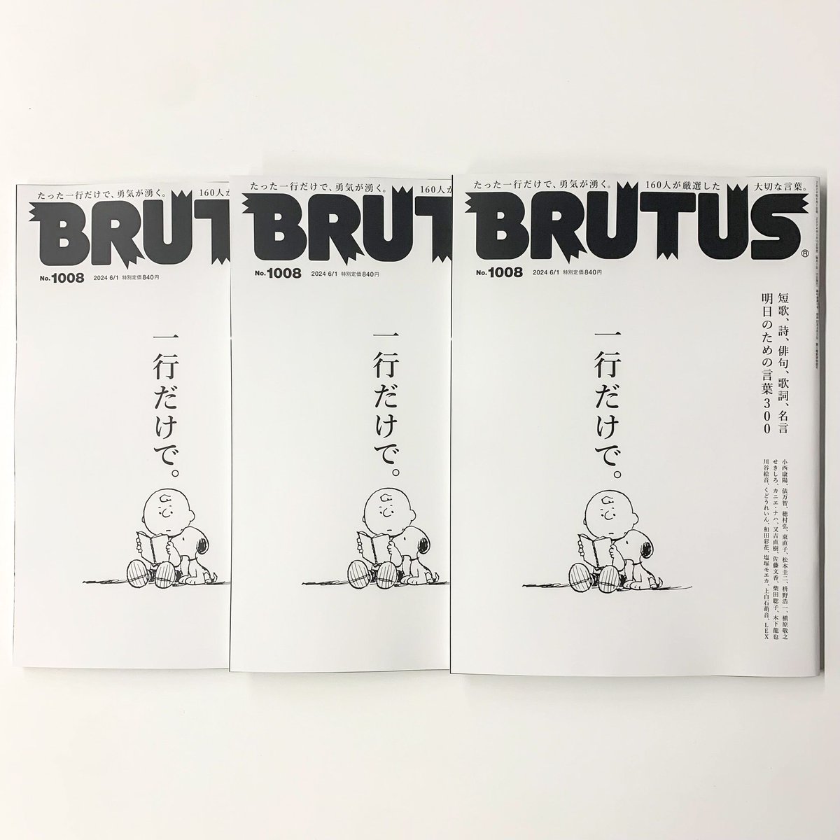 【情報解禁】
ブルータス、次号の特集は……。
◤ 一行だけで。◢

短歌、詩、俳句、歌詞、名言
明日のための言葉300
予約はこちら→amzn.asia/d/91xzas2
