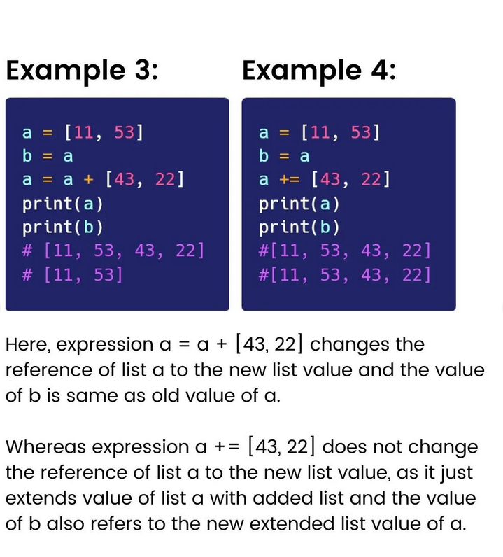 a=a+b and a+=b are not always same in Python 

Don't Forget To Like ♥️  | Share 📲 | Comment 💬 | Save 📥

#python #programming #developer #programmer #coding #coder #softwaredeveloper #computerscience #webdev #webdeveloper #webdevelopment  #machinelearning #datascience