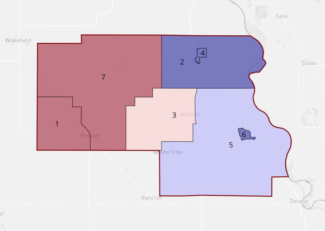 Thurston County, Nebraska Board of Supervisors Map
This county in Nebraska is notable for being majority Native American.

It was a blue leaning county that went red under Trump, is Trump+2 due to turnout disparities. However, the map is quite fair, even Dem favoring.
