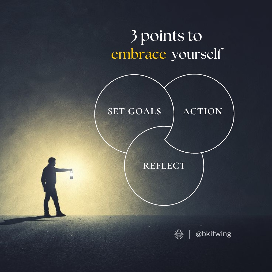 Embrace yourself by setting #goals that align with your #true desires. Take #action towards those goals, step by step, each day. #Reflect on your progress. This cycle of setting, acting & reflecting will guide you on your journey towards #growth. #bkitwing #brahmakumaris
