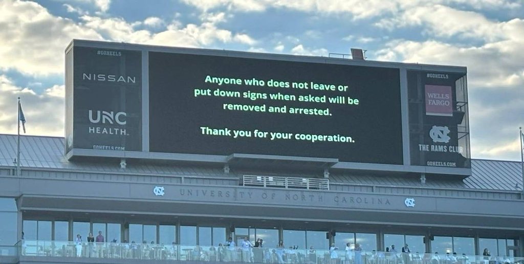 📍University of North Carolina

In a naked, cynical display of its repressive instincts, UNC displayed this message at their commencement today. The university, more committed to its donors and the project of empire than its students, goes full mask off again.
