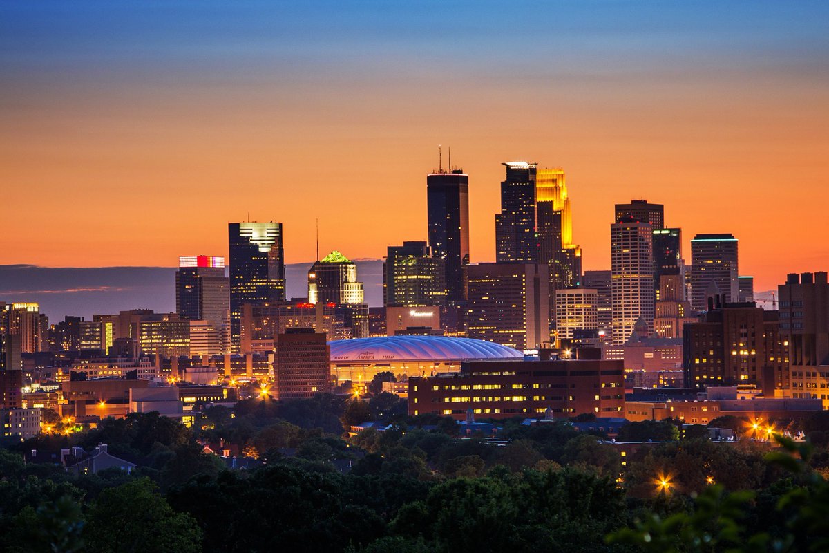 Downtown Minneapolis at sunset. What city has a better skyline?