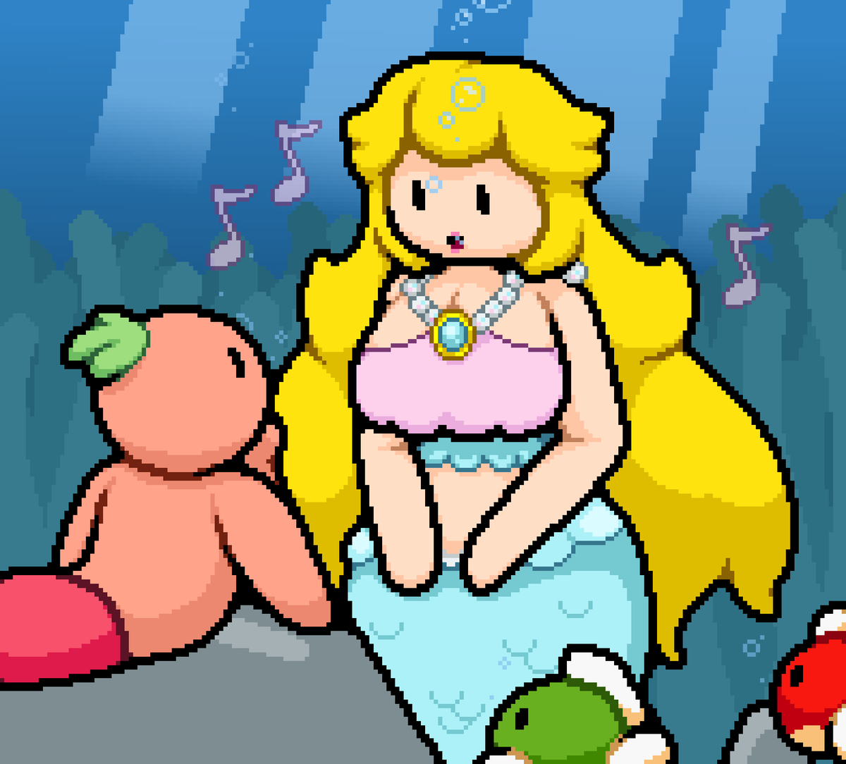 Was asked to draw Peach this mermay

Simple lil' thing of Tomato and some fish listening to her sing 'v'

(Thinking about it, it's probably hard to sing underwater but I didn't really think about that at the time, whoops)
#PrincessPeachShowtime  #PrincessPeach