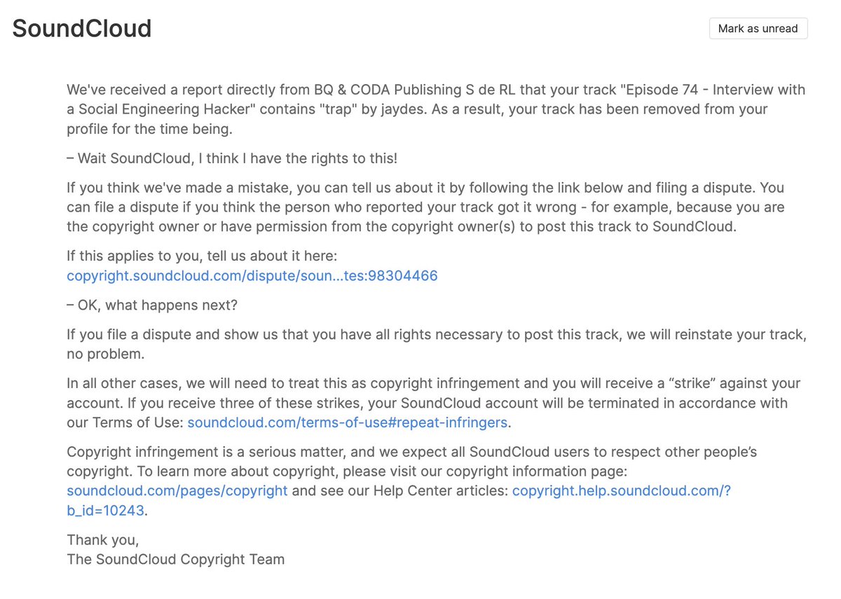 verysmallclaims's tweet image. So @SoundCloud has taken my interview down because of a copyright claim by "BQ &amp;amp; CODA Publishing S de RL." They claim the recording has music from some no-name artist, as you can see below. This is a "direct" claim, meaning that it was filed (probably) manually.