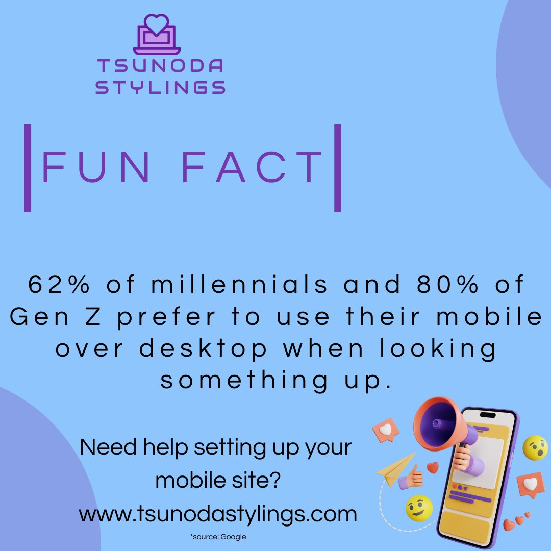 Is your site optimized for mobile?
Schedule a FREE consultation today, and let us help you!

tsunodastylings.com/consultations/…

#tsunodastylings #funfact #funfacts #tech #computerhistory #techhistory #blackownedbusiness #womanownedbusiness #womenownedbusiness #smallbusiness
